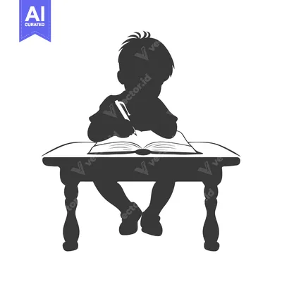 Aset desain premium: Silhouette of a Child Sitting at a Desk and Writing in a Book