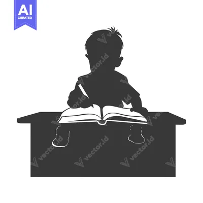 Popular premium asset: Silhouette of a Child Sitting at a Desk with a Book and Pencil