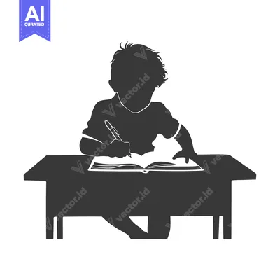 Aset desain premium: Silhouette of a child sitting at a desk writing in a book
