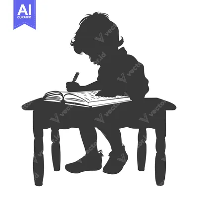 Aset desain premium: Silhouette of a Child Sitting at a Table and Writing in a Book