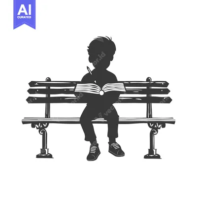 Aset desain premium: Silhouette of a Child Sitting on a Bench and Writing in a Book