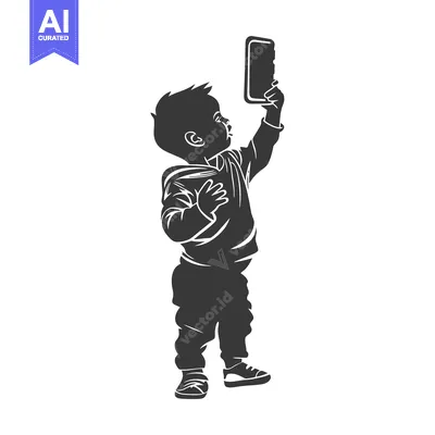 Aset desain premium: Silhouette of a Child Taking a Selfie with a Phone