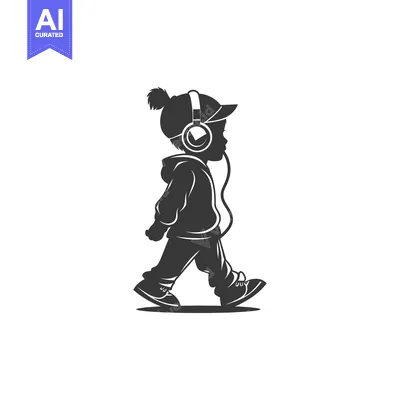 Premium design asset: Silhouette of a child walking while listening to music with headphones