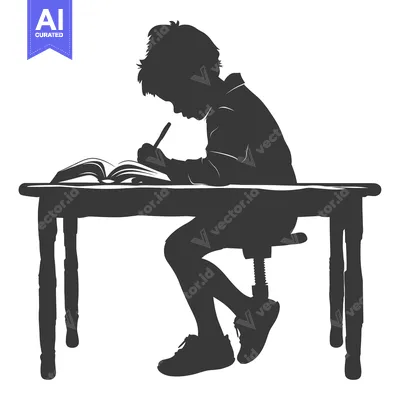 Aset desain premium: Silhouette of a Child Writing at a Desk