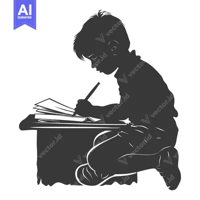 Aset desain premium: Silhouette of a Child Writing at a Desk