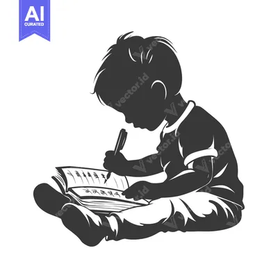 Aset desain premium: Silhouette of a Child Writing in a Notebook