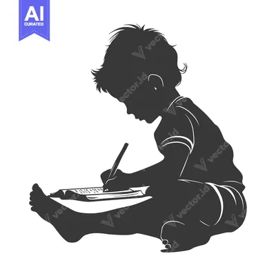 Aset desain premium: Silhouette of a Child Writing in a Notebook