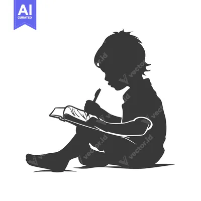Aset desain premium: Silhouette of a Child Writing in a Notebook