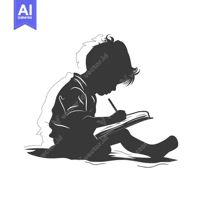 Aset desain premium: Silhouette of a Child Writing in a Notebook