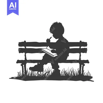 Aset desain premium: Silhouette of a Child Writing on a Bench