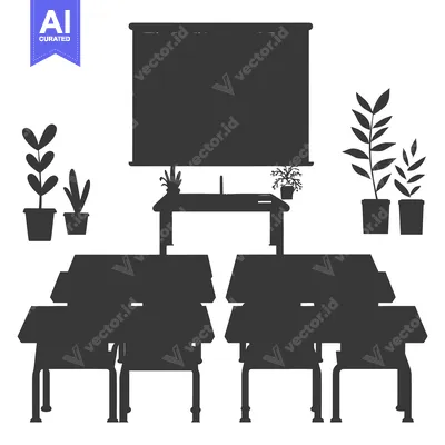 Popular premium asset: Silhouette of a classroom with desks and a projector screen
