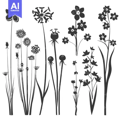Aset desain premium: Silhouette of a collection of stylized flowers and plants