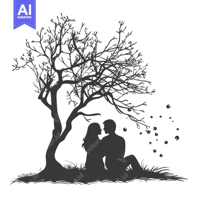 Popular premium asset: Silhouette of a Couple Embracing Under a Bare Tree with Falling Leaves