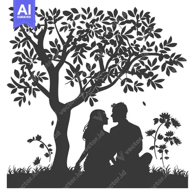 Aset desain premium: Silhouette of a Couple Embracing Under a Tree