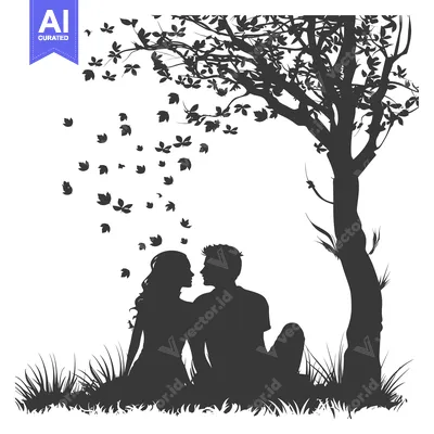 Aset premium populer: Silhouette of a Couple Embracing Under a Tree with Falling Leaves