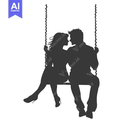Silhouette of a couple gazing at each other while sitting on a swing