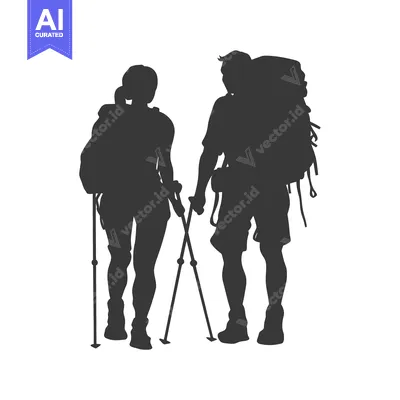 Aset desain premium: Silhouette of a Couple Hiking with Backpacks and Trekking Poles