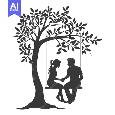 Aset premium populer: Silhouette of a couple holding hands on a swing hanging from a tree
