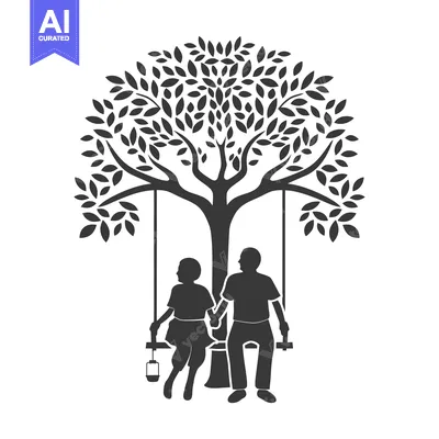 Aset desain premium: Silhouette of a couple holding hands on a swing under a tree