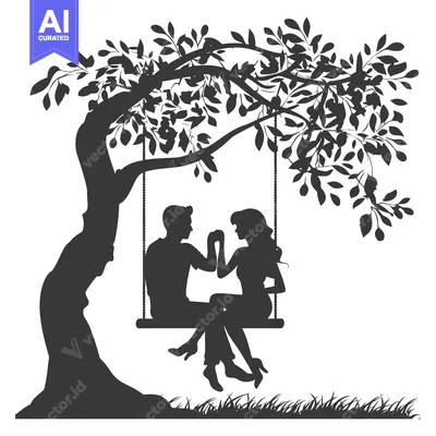 Aset desain premium: Silhouette of a Couple Holding Hands on a Swing Under a Tree