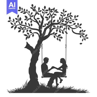 Premium design asset: Silhouette of a couple holding hands on a swing under a tree