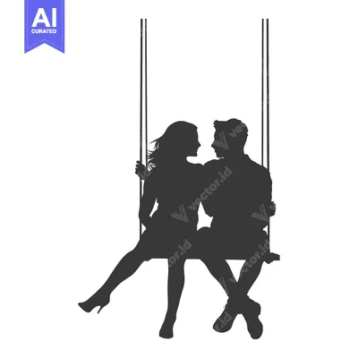Silhouette of a couple in love on a swing