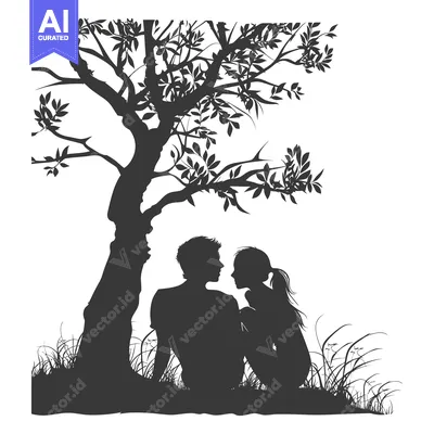 Silhouette of a couple in love under a tree