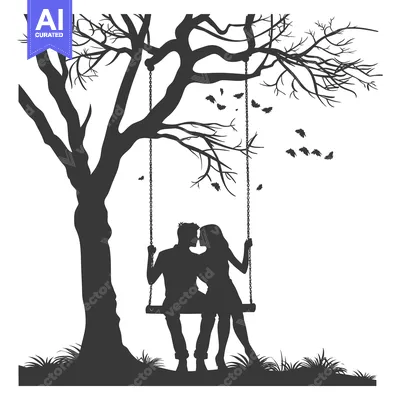 Silhouette of a Couple Kissing on a Swing Under a Bare Tree