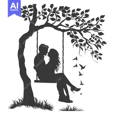 Aset desain premium: Silhouette of a Couple Kissing on a Swing Under a Tree