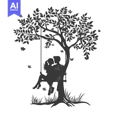 Aset premium populer: Silhouette of a Couple Kissing on a Swing Under a Tree