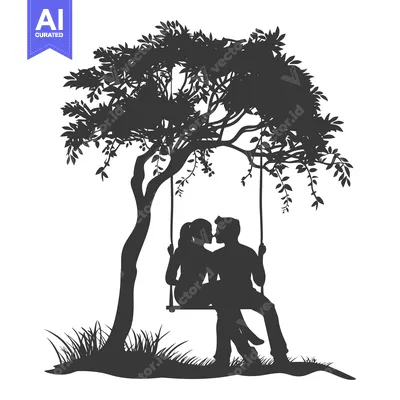 Aset premium populer: Silhouette of a Couple Kissing on a Swing Under a Tree