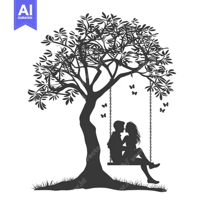 Aset desain premium: Silhouette of a Couple Kissing on a Swing Under a Tree