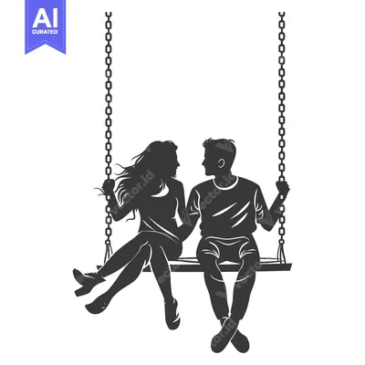 Silhouette of a Couple on a Swing, Facing Each Other