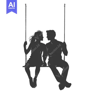 Aset desain premium: Silhouette of a Couple on a Swing Facing Each Other