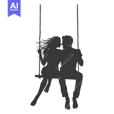 Popular premium asset: Silhouette of a couple on a swing, gazing into each other's eyes.