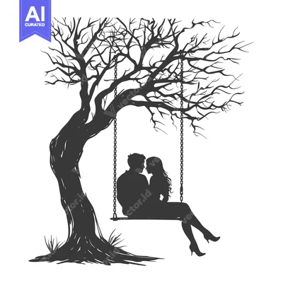 Aset premium populer: Silhouette of a couple on a swing hanging from a bare tree