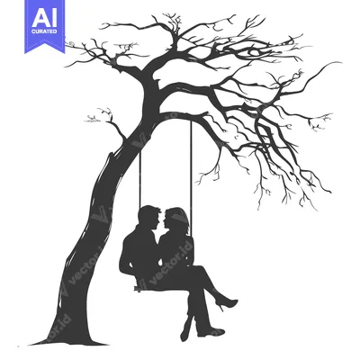 Aset desain premium: Silhouette of a Couple on a Swing Hanging from a Bare Tree