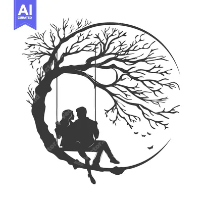 Aset premium populer: Silhouette of a Couple on a Swing Hanging From a Bare Tree in a Circul