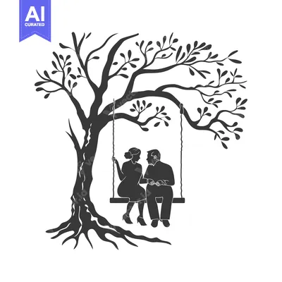 Silhouette of a couple on a swing hanging from a tree
