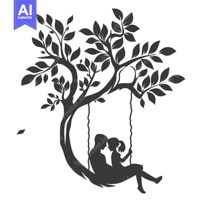 Aset desain premium: Silhouette of a Couple on a Swing Hanging from a Tree