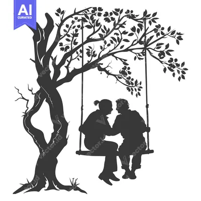 Aset desain premium: Silhouette of a couple on a swing hanging from a tree