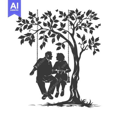 Aset desain premium: Silhouette of a Couple on a Swing Hanging from a Tree