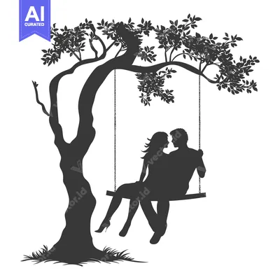 Aset desain premium: Silhouette of a Couple on a Swing Hanging From a Tree