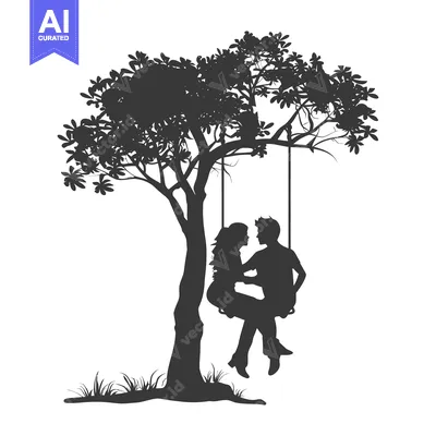 Aset desain premium: Silhouette of a Couple on a Swing Hanging from a Tree