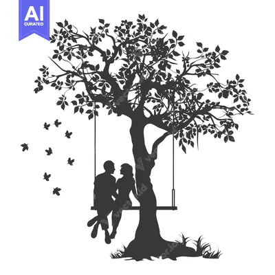 Silhouette of a Couple on a Swing Hanging From a Tree