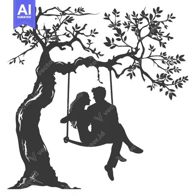 Aset desain premium: Silhouette of a Couple on a Swing Hanging from a Tree