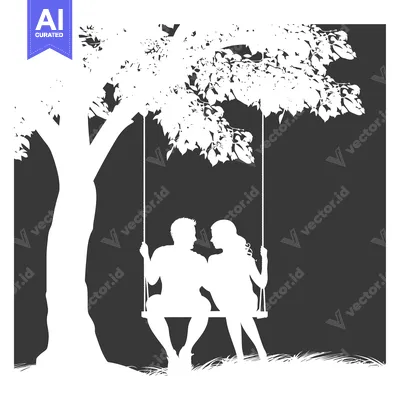 Silhouette of a Couple on a Swing Hanging from a Tree