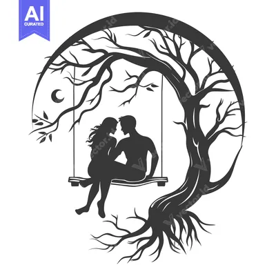 Silhouette of a Couple on a Swing in a Tree with a Crescent Moon