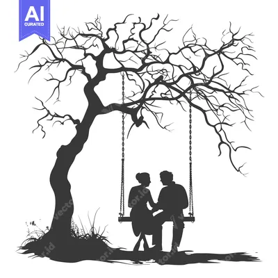 Silhouette of a Couple on a Swing Under a Bare Tree