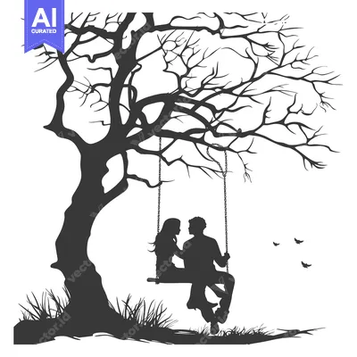 Aset desain premium: Silhouette of a Couple on a Swing Under a Bare Tree